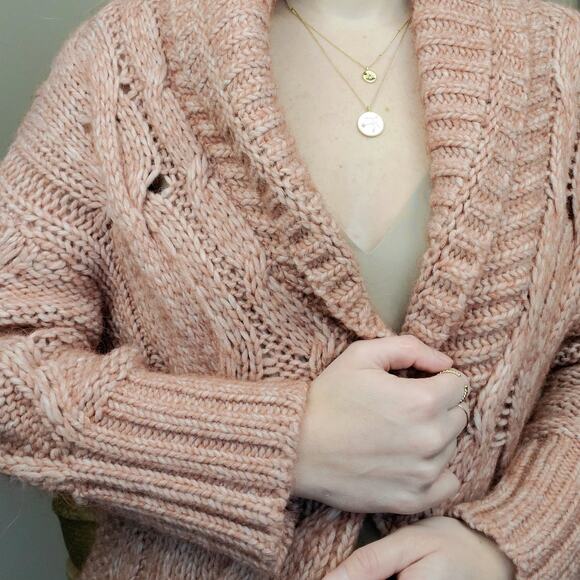 Loft Dusty Pink Cableknit Shawl Wool Alpaca Blend Chunky Cardigan Womens Small - Picture 3 of 5